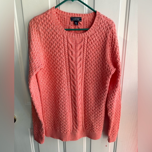 LANDS’ END WOMENS Sweater Drifter Cable Knit Coral 100% Cotton SIZE M. NWOT - Picture 3 of 9